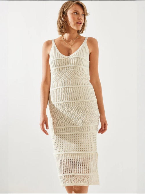 Robe en maille ajourée doublée à fines bretelles bianco lucci - Kiabi