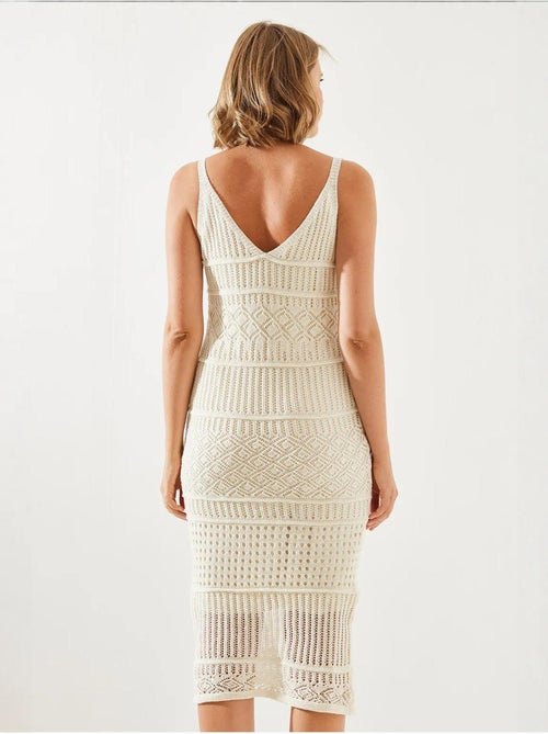 Robe en maille ajourée doublée à fines bretelles bianco lucci - Kiabi