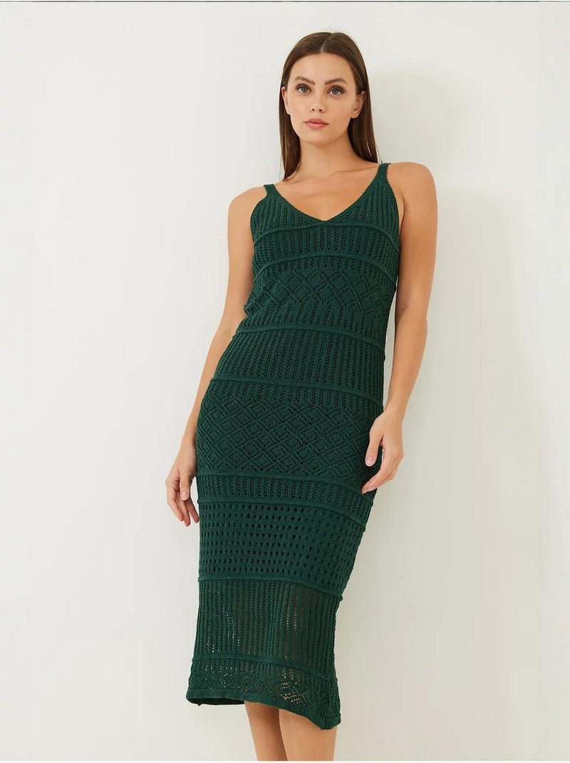 Robe en maille ajourée doublée à fines bretelles bianco lucci Vert bouteille - Kiabi