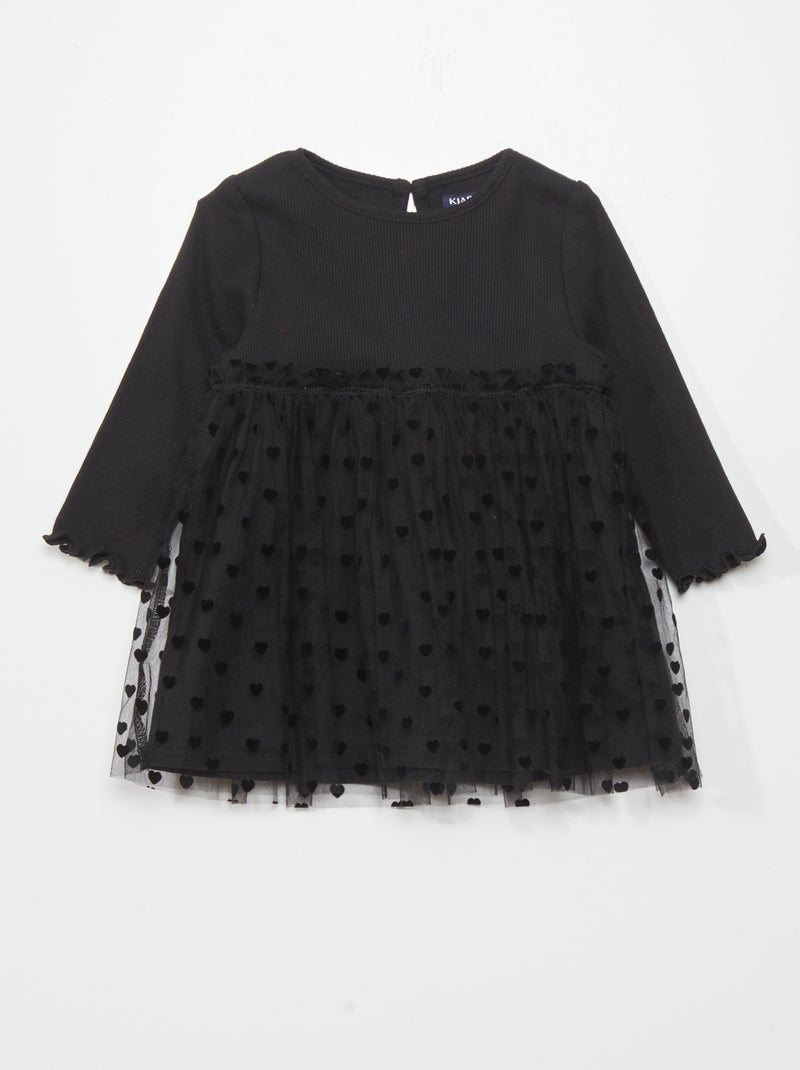 Robe en matière côtelé et tulle Noir - Kiabi