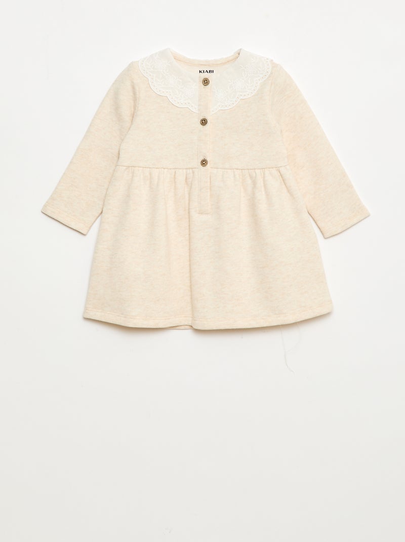 Robe en molleton avec col en voile de coton brodé Beige - Kiabi