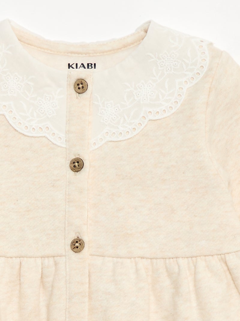 Robe en molleton avec col en voile de coton brodé Beige - Kiabi