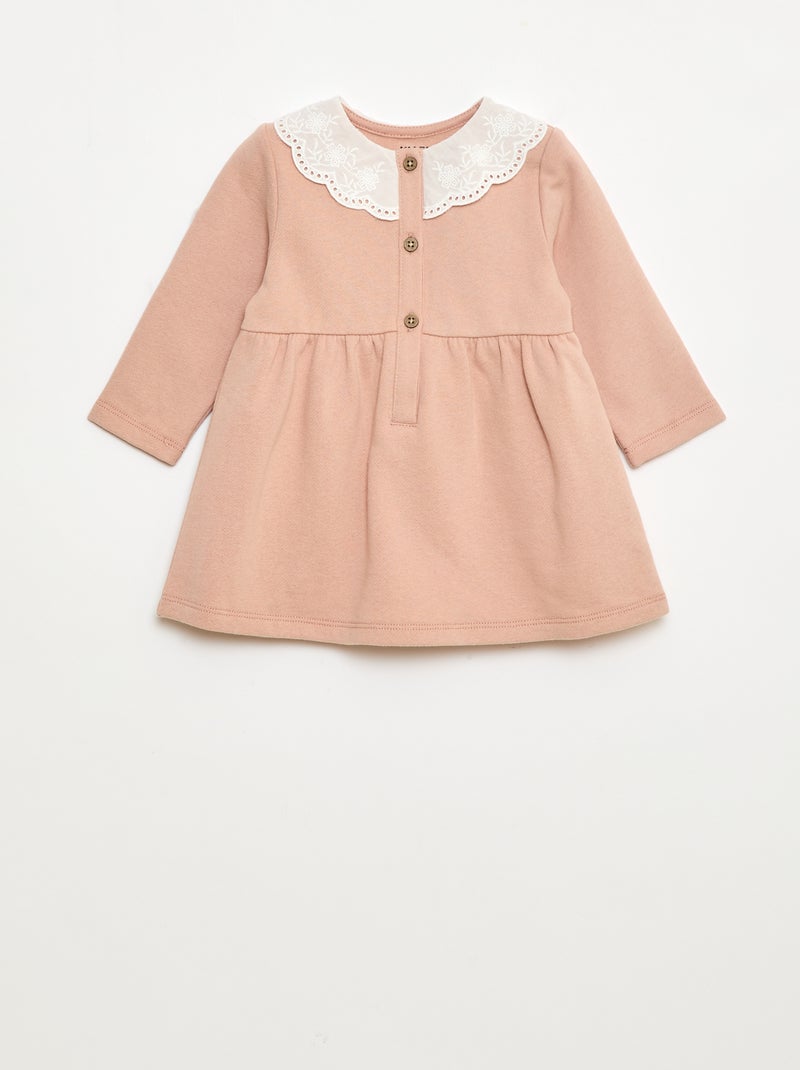 Robe en molleton avec col en voile de coton brodé Rose - Kiabi