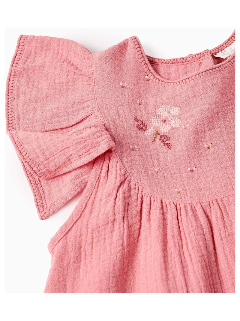 Robe en Mousseline avec Fleurs en Point de Croix Rose clair - Kiabi