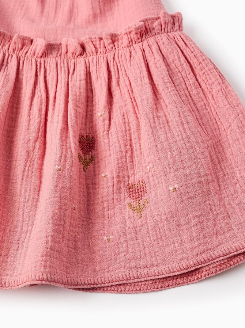 Robe en Mousseline avec Fleurs en Point de Croix Rose clair - Kiabi