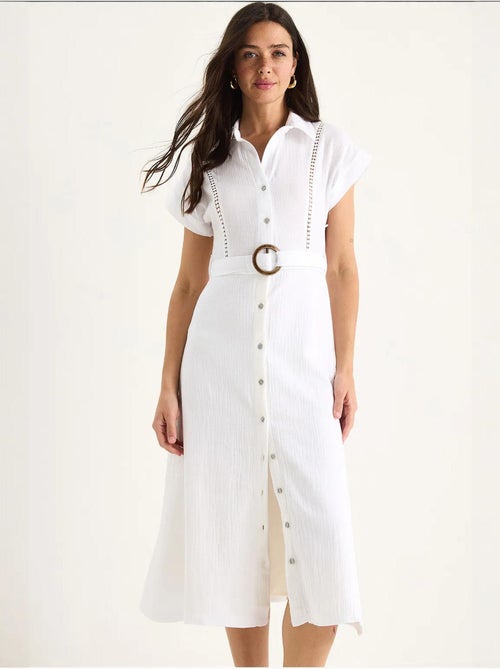 Robe en mousseline bianco avec détails en dentelle, fermeture à boutons, ceinture et doublure lucci - Kiabi