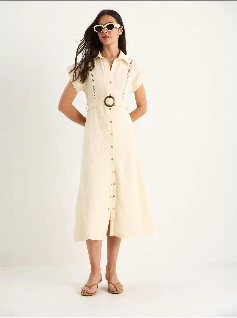 Robe en mousseline bianco avec détails en dentelle, fermeture à boutons, ceinture et doublure lucci Crème - Kiabi