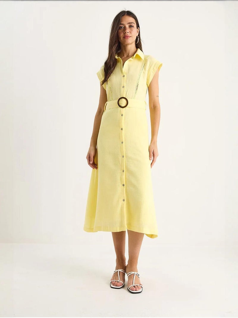 Robe en mousseline bianco avec détails en dentelle, fermeture à boutons, ceinture et doublure lucci Jaune citron - Kiabi