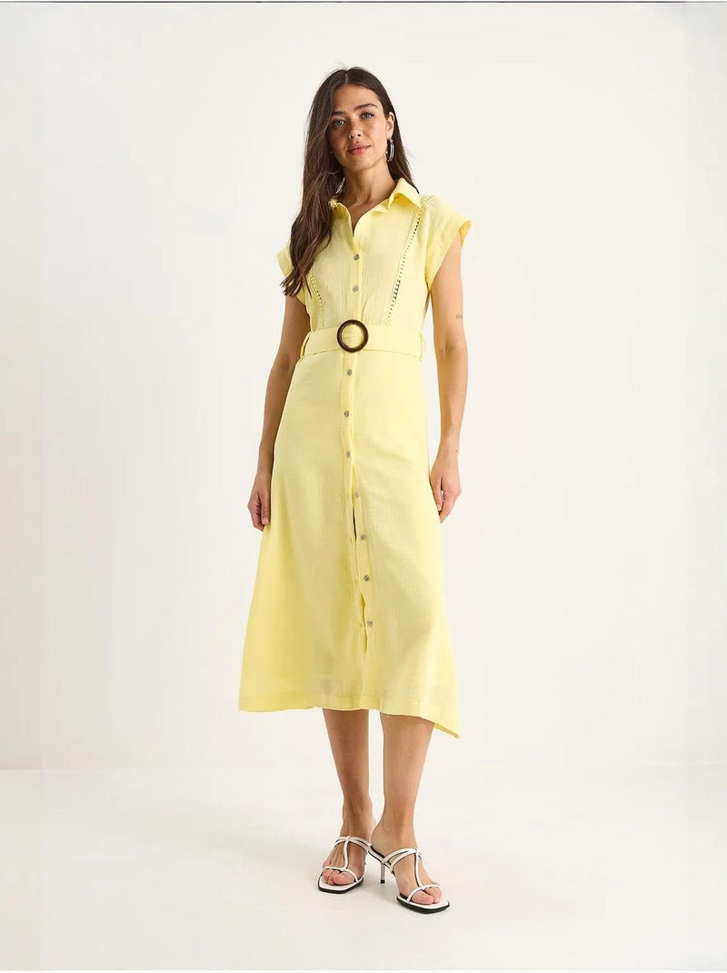 Robe en mousseline bianco lucci avec détails en dentelle, fermeture à boutons, ceinture et doublure Jaune citron - Kiabi