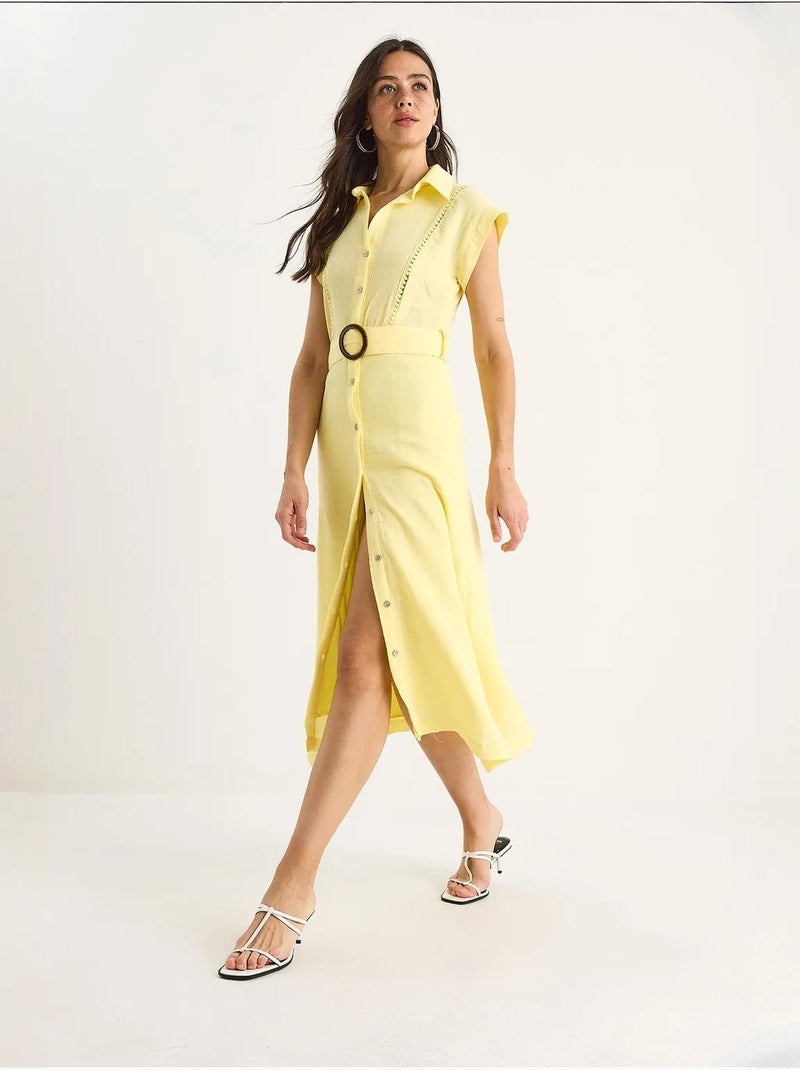 Robe en mousseline bianco lucci avec détails en dentelle, fermeture à boutons, ceinture et doublure Jaune citron - Kiabi