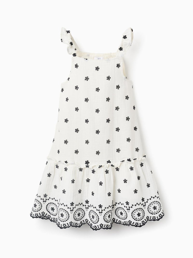 Robe en Mousseline de Coton avec Broderies Blanc - Kiabi