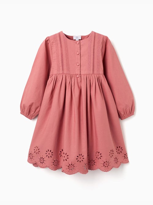 Robe en popeline à manches longues et broderie anglaise - Kiabi