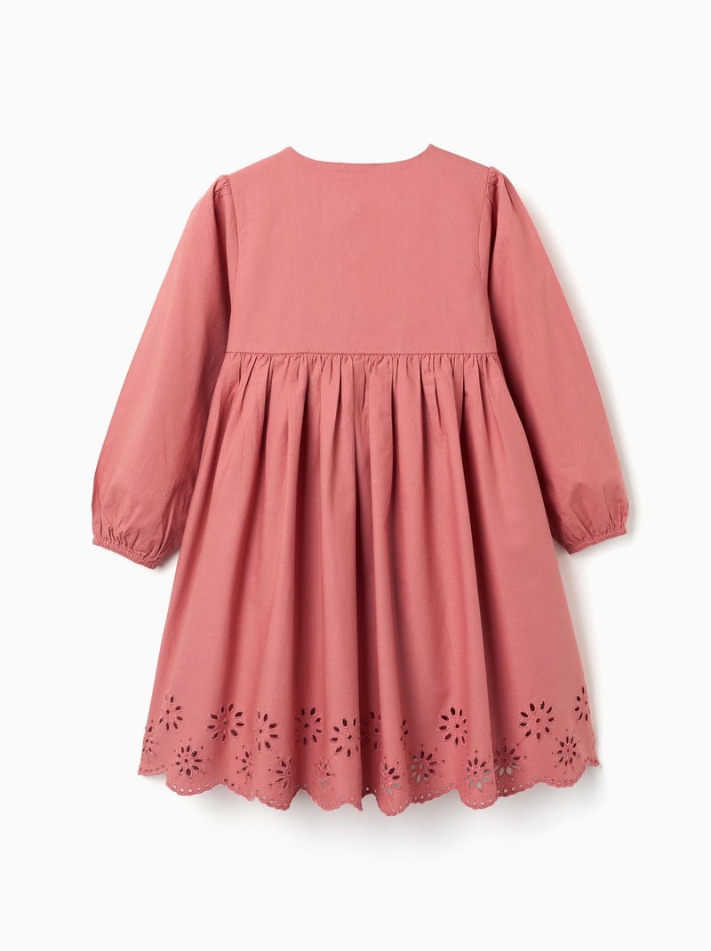 Robe en popeline à manches longues et broderie anglaise Rose - Kiabi