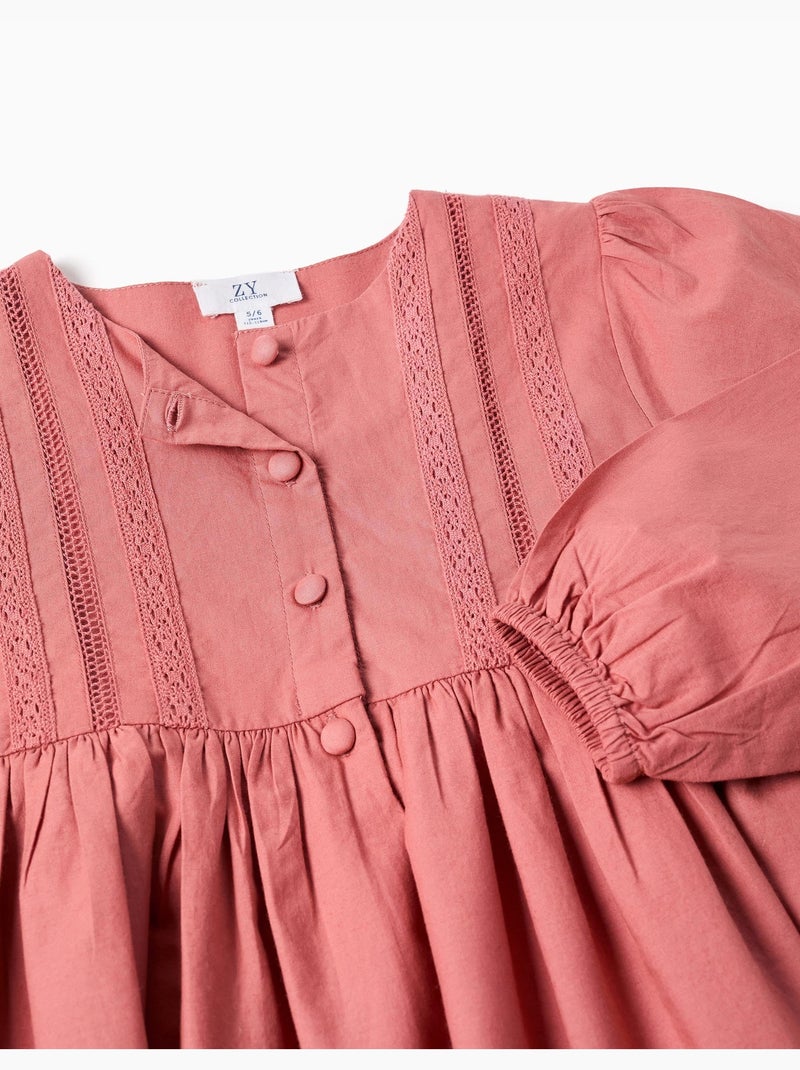 Robe en popeline à manches longues et broderie anglaise Rose - Kiabi