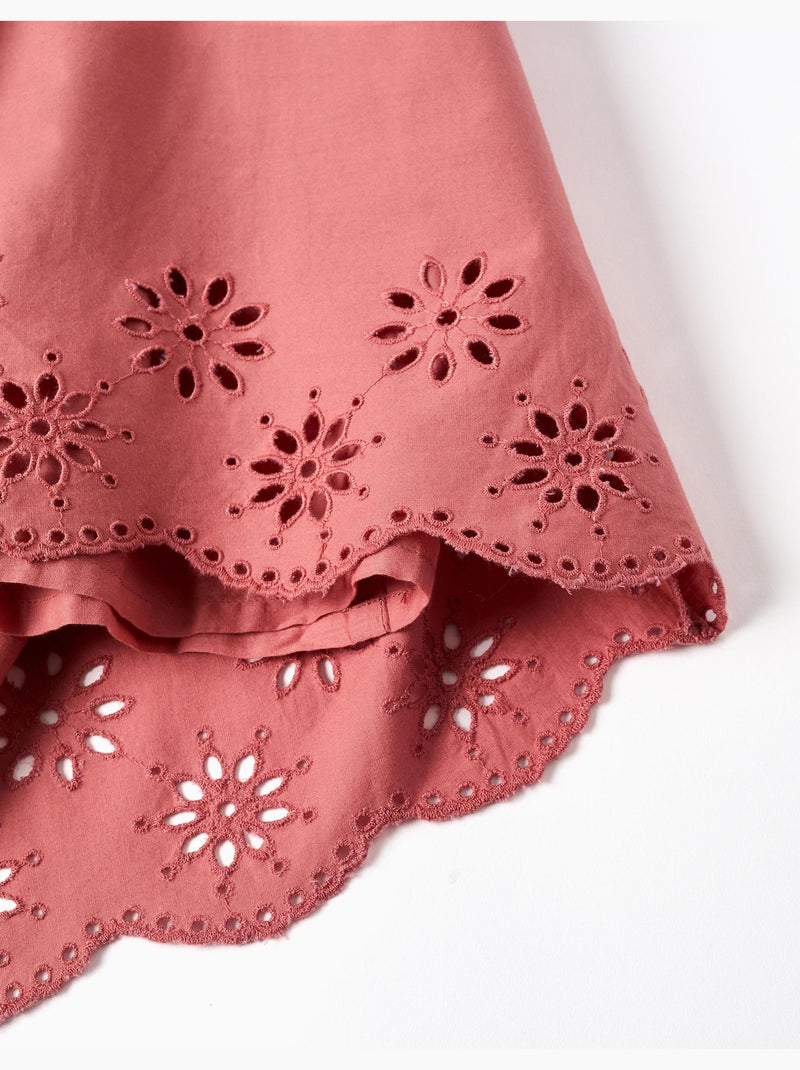 Robe en popeline à manches longues et broderie anglaise Rose - Kiabi