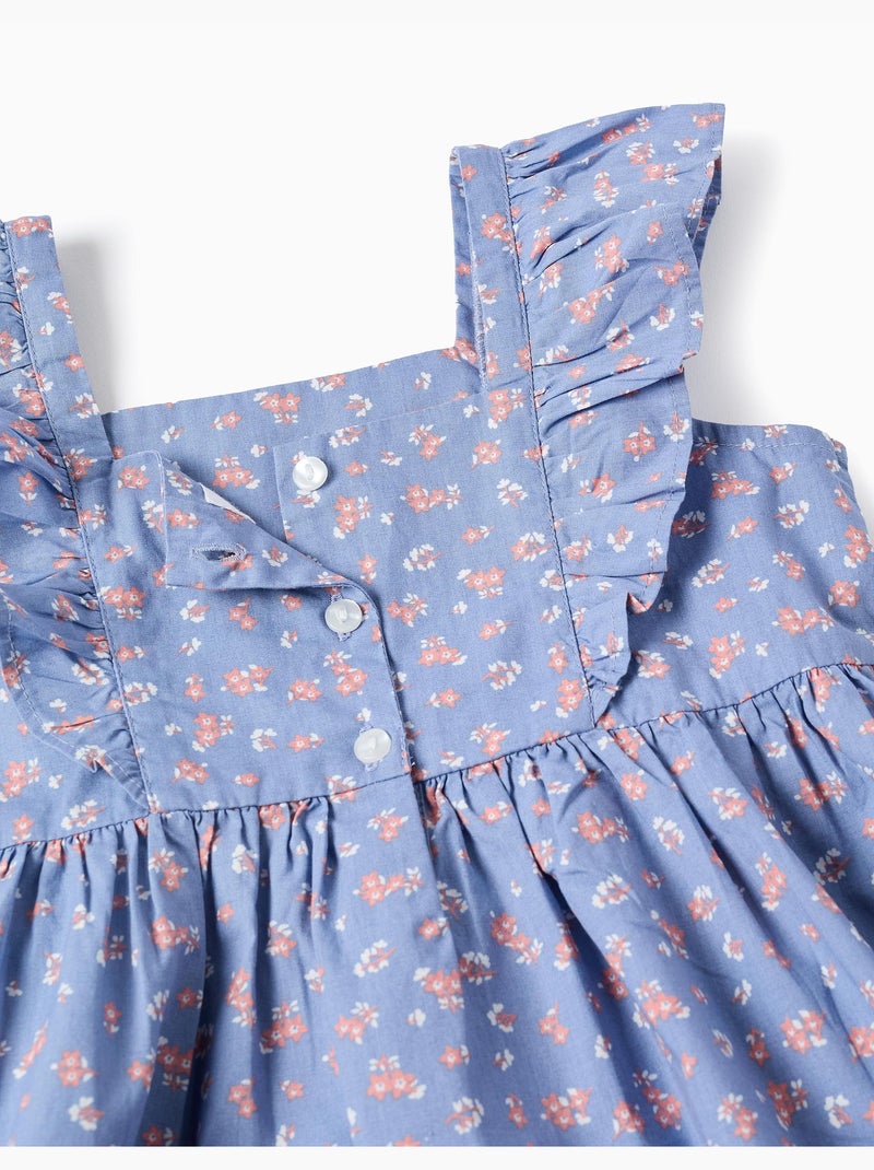 Robe en popeline à motif floral et volants Bleu clair - Kiabi