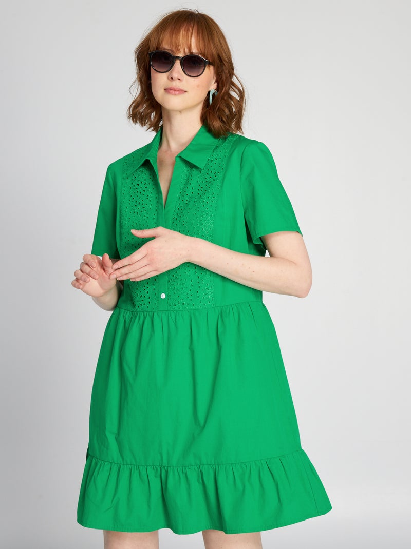 Robe en popeline avec broderies Vert - Kiabi