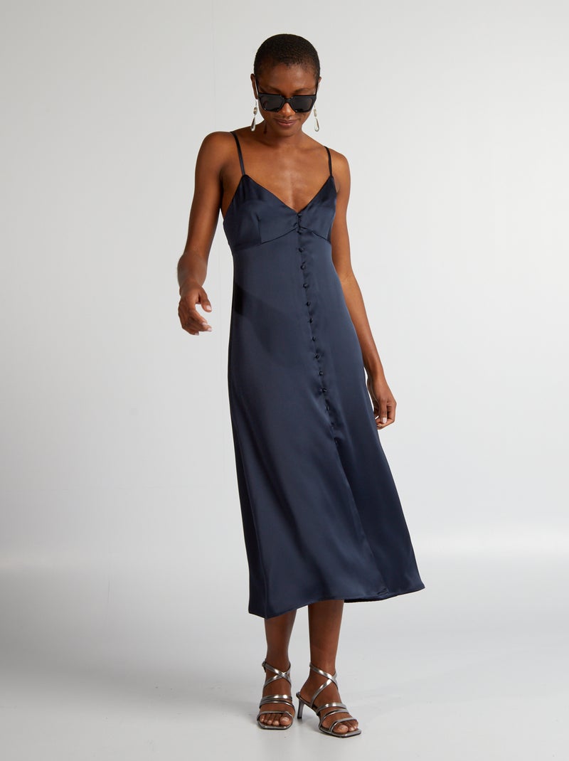 Robe en satin avec ouverture boutonnée bleu marine - Kiabi