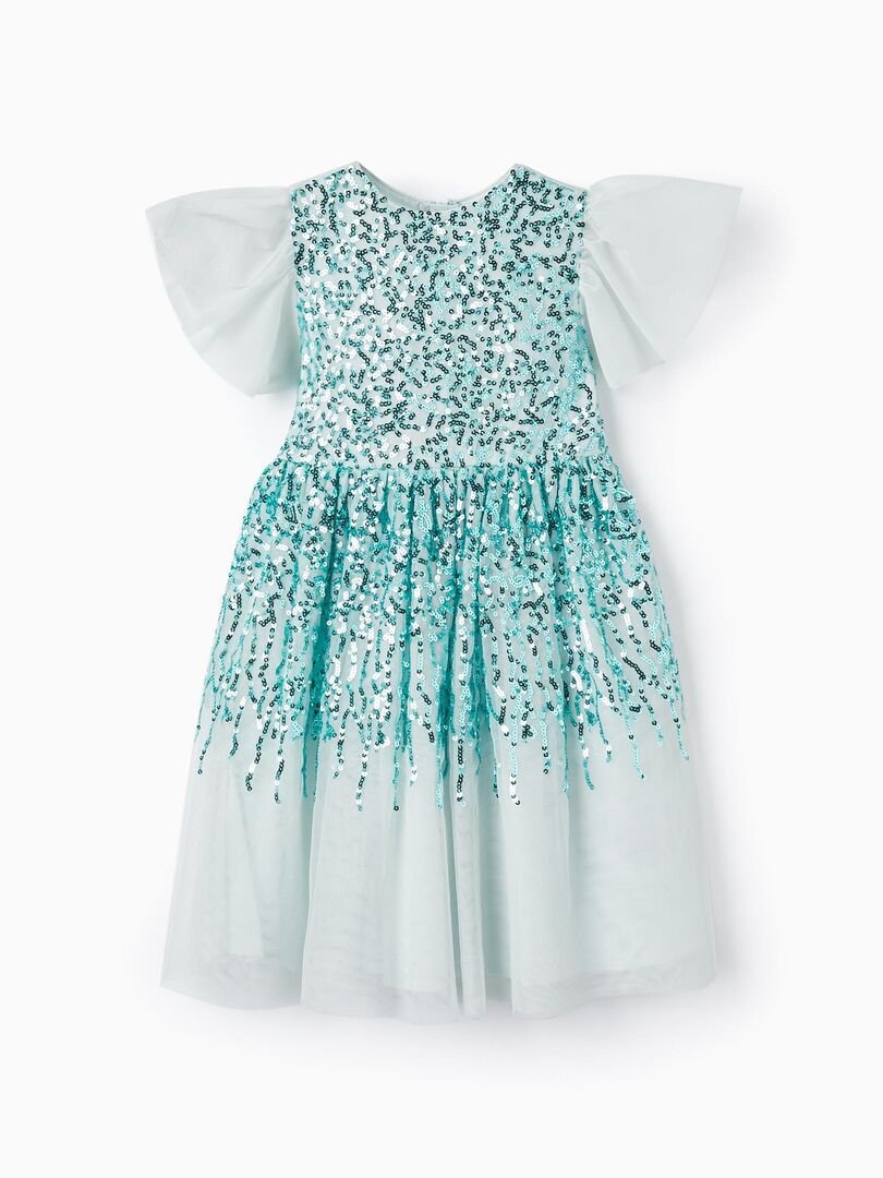 Robe princesse en tulle blanc avec traine et manches courtes papillons pour petite fille - Ref