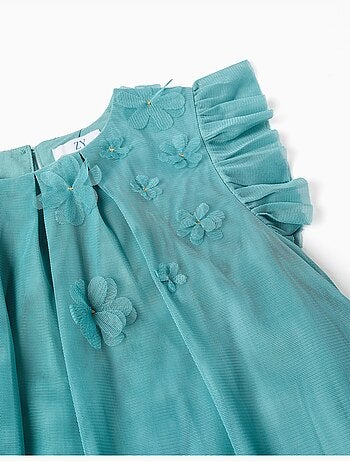 Robe en tulle sans manches à volants et fleurs