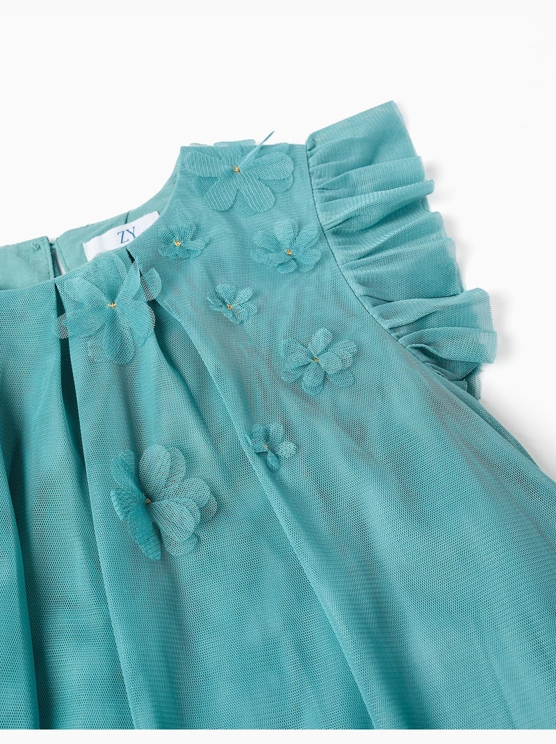 Robe en tulle sans manches à volants et fleurs Bleu clair - Kiabi