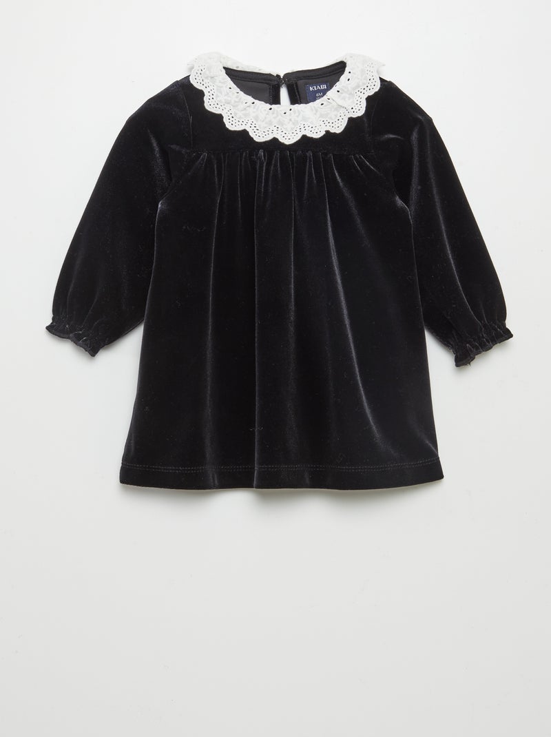 Robe en velours avec col en broderies anglaises noir - Kiabi