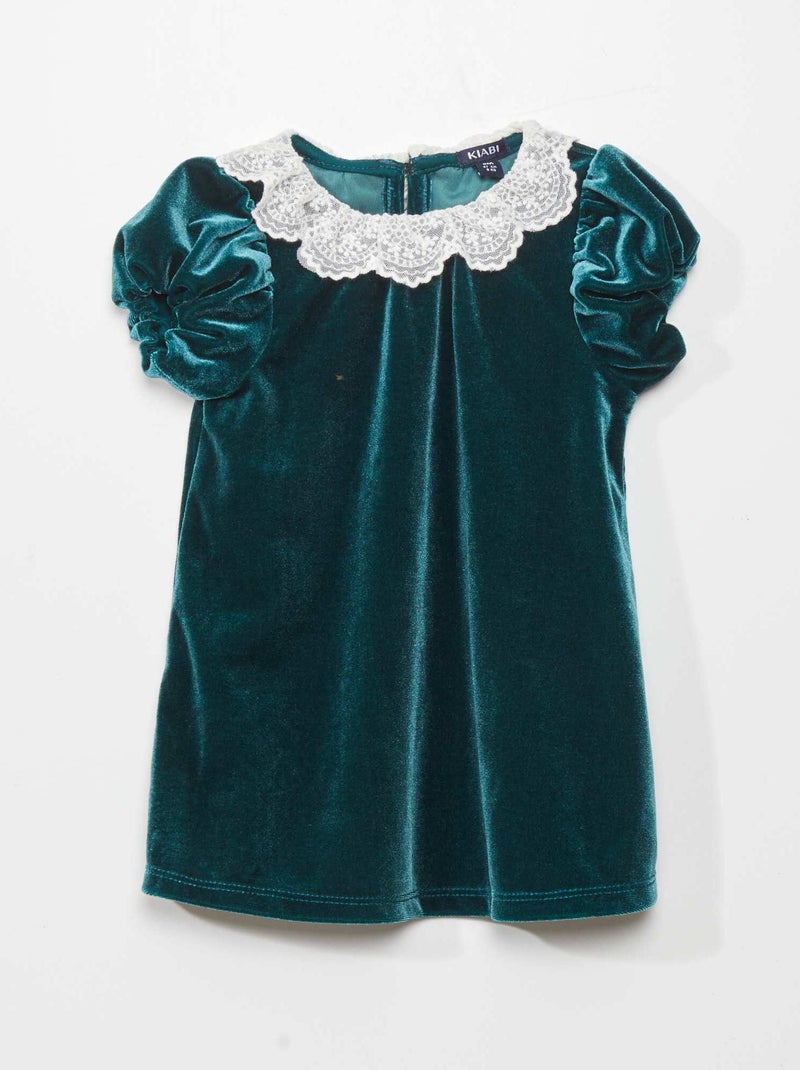 Robe en velours avec col en tulle brodé Vert - Kiabi