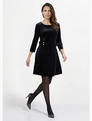 Robe en velours col rond, taille marquée - afibel