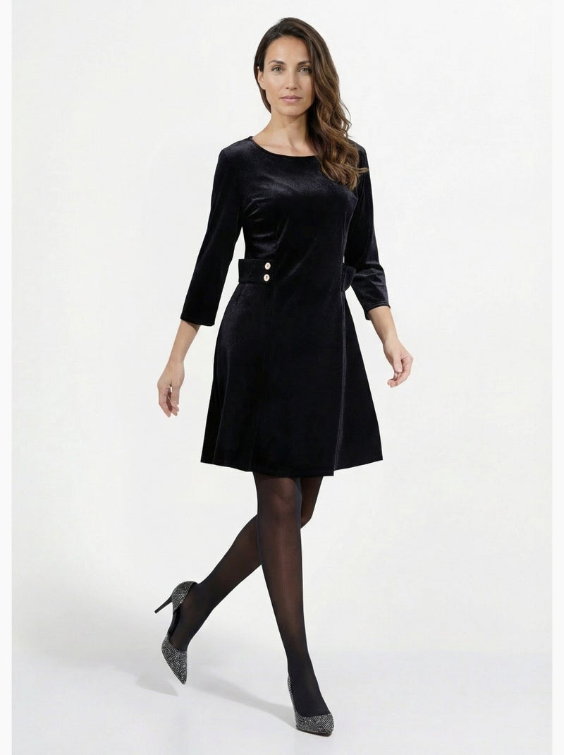 Robe en velours col rond, taille marquée - afibel Noir - Kiabi