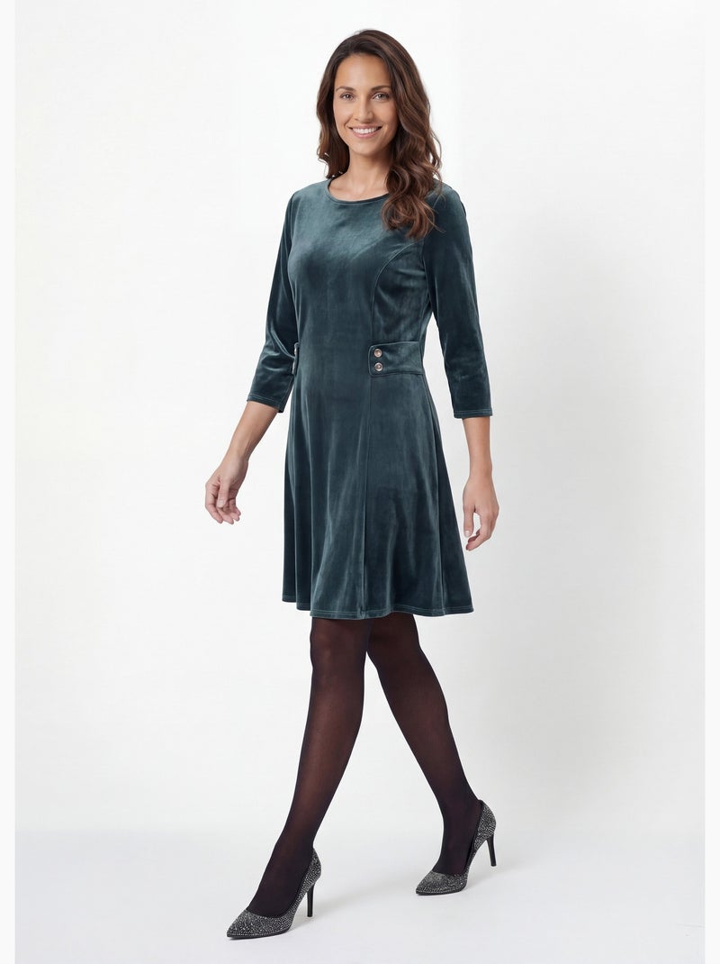 Robe en velours col rond, taille marquée - afibel Vert - Kiabi