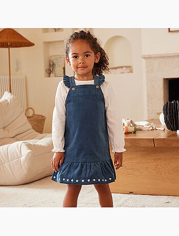 Robe Velours Côtelé Bébé Fille Hollywood Baby Taille 7 - Bleu Bébé Et Marron, Manches 3/4, Occasion Impeccable