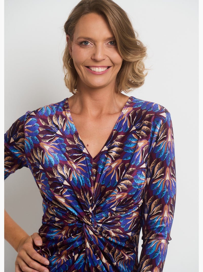 Robe en velours imprimé taille drapée - AFIBEL Bleu Beige - Kiabi