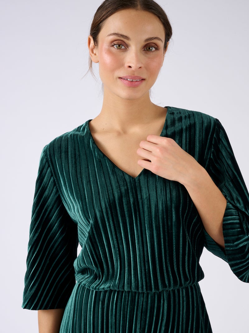 Robe en velours plissé satiné + ceinture - Damart Vert - Kiabi