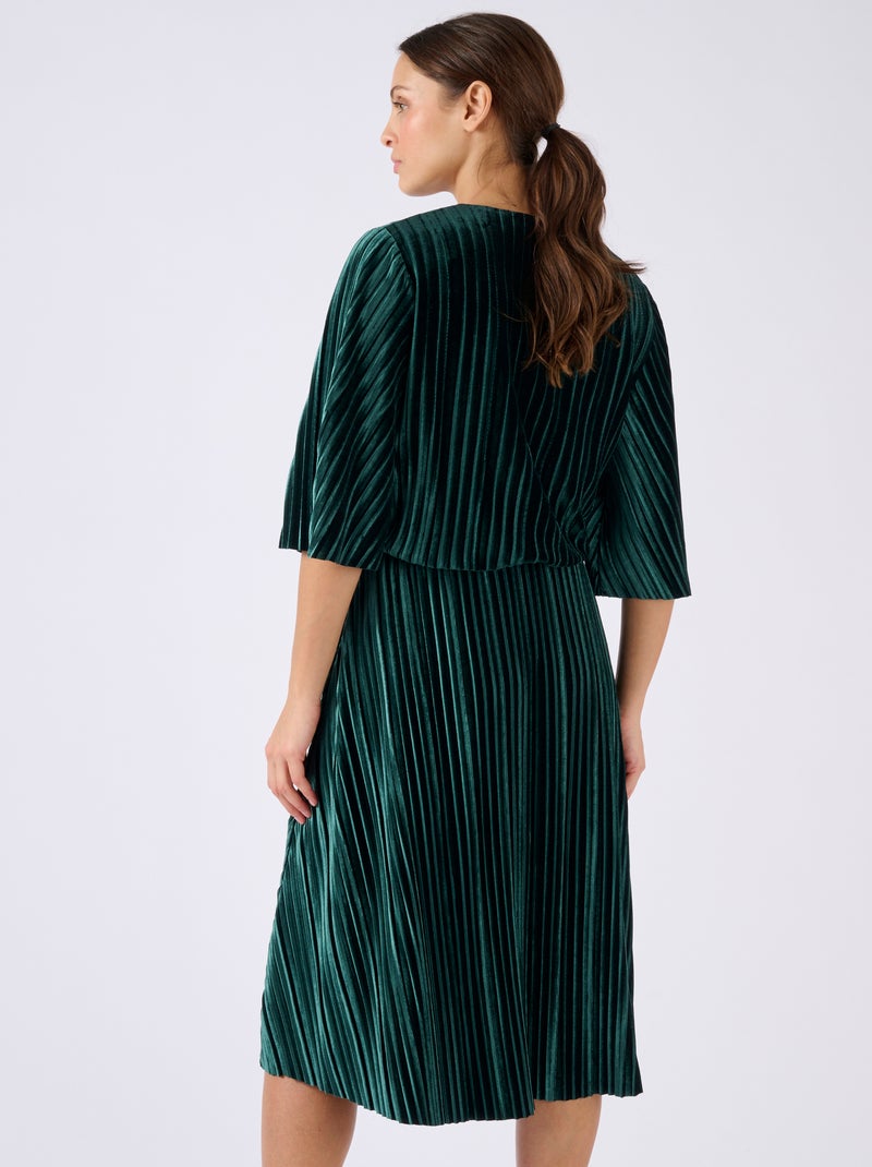 Robe en velours plissé satiné + ceinture - Damart Vert - Kiabi