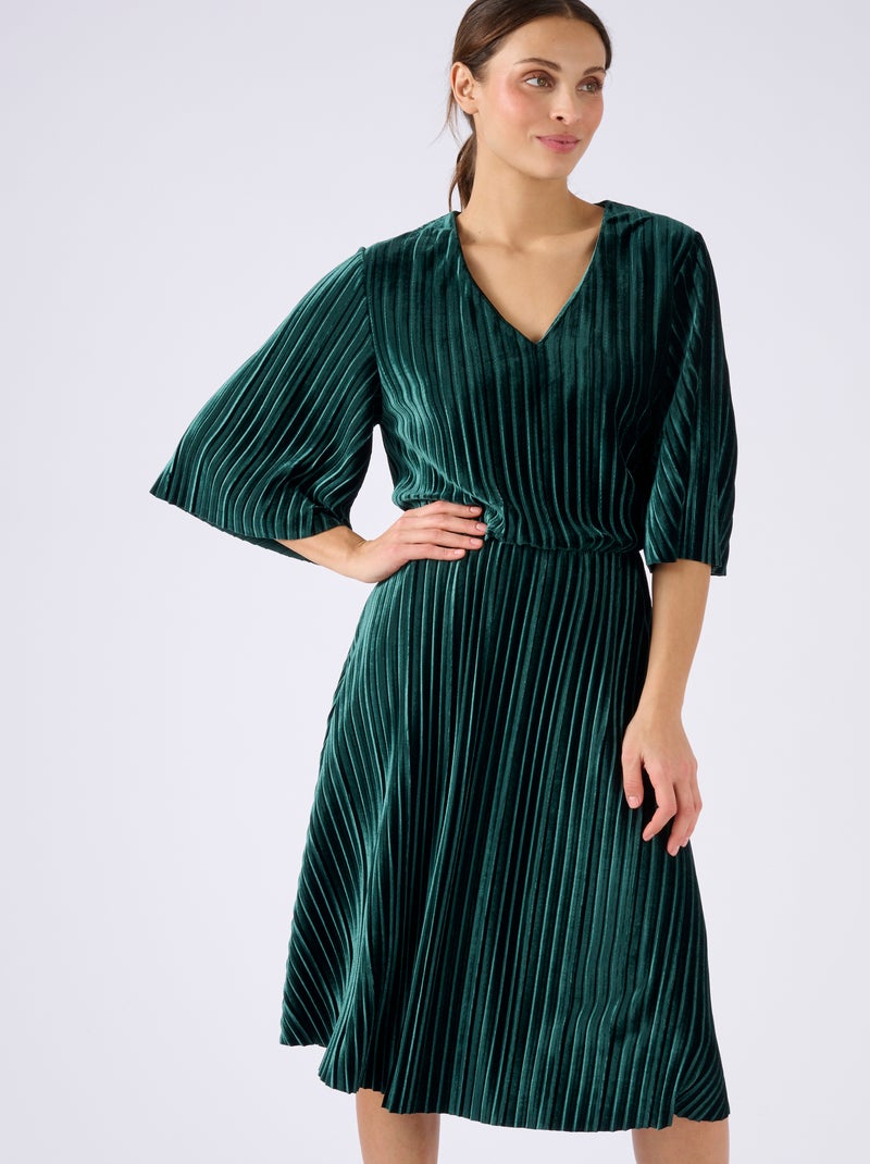 Robe en velours plissé satiné + ceinture - Damart Vert - Kiabi