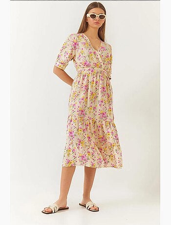 Robe en viscose à manches courtes et col cache-cœur à fleurs lucci
