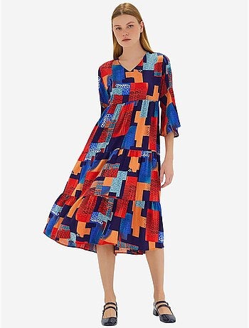Robe en viscose à manches courtes et motifs bleu roi rouge bdart