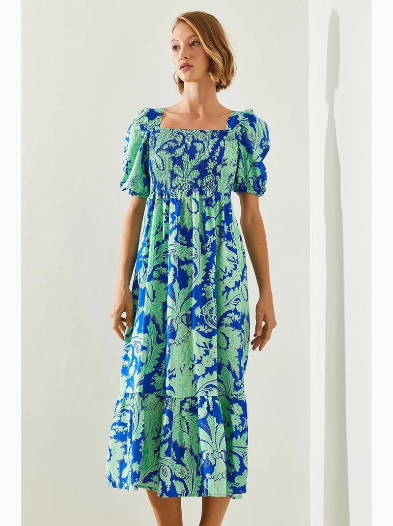 Robe en viscose avec buste froncé et manches bouffantes lucci Bleu cobalt - Kiabi
