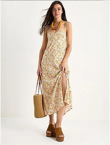 Robe en viscose fendue à bretelles fines et motifs floraux bianco lucci