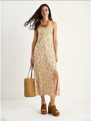 Robe en viscose fendue à bretelles fines et motifs floraux bianco lucci