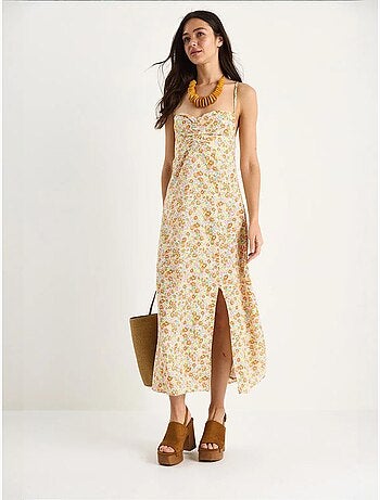Robe en viscose fendue à bretelles fines et motifs floraux bianco lucci