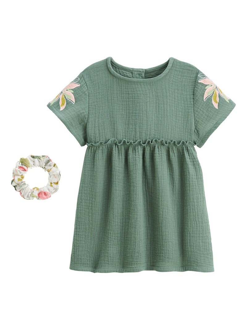 Robe enfant en gaze de coton + chouchou Pivoina Kaki - Kiabi