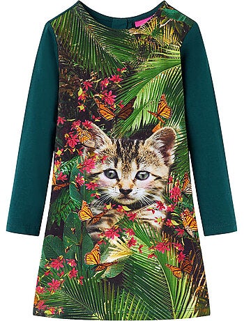 Robe enfant manches longues imprimé chat foncé - vidaxl