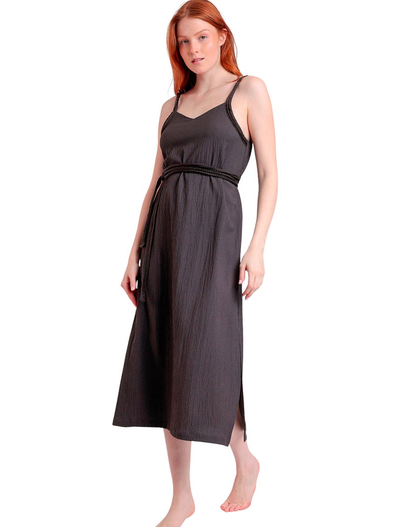 Robe estivale mi-longue fines bretelles Linen Style Marron chocolat - Kiabi