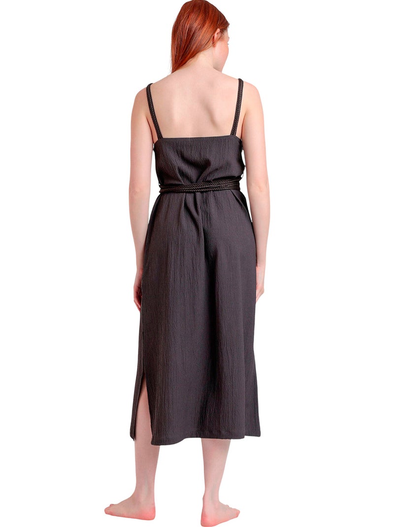 Robe estivale mi-longue fines bretelles Linen Style Marron chocolat - Kiabi