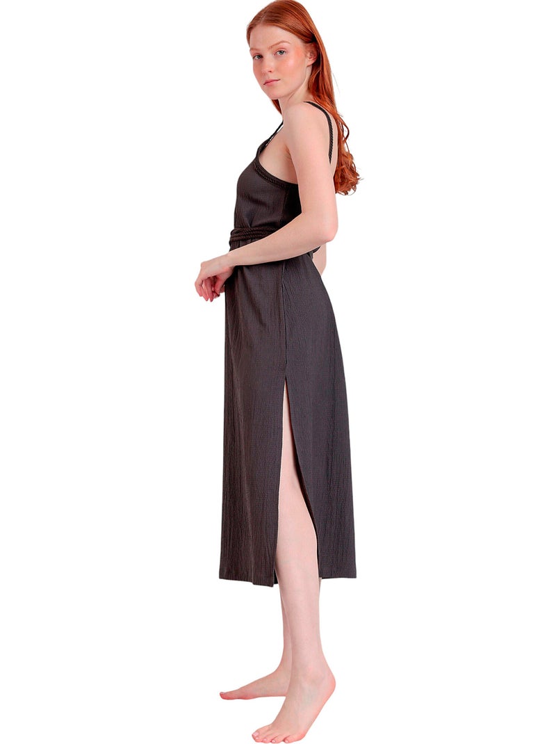 Robe estivale mi-longue fines bretelles Linen Style Marron chocolat - Kiabi
