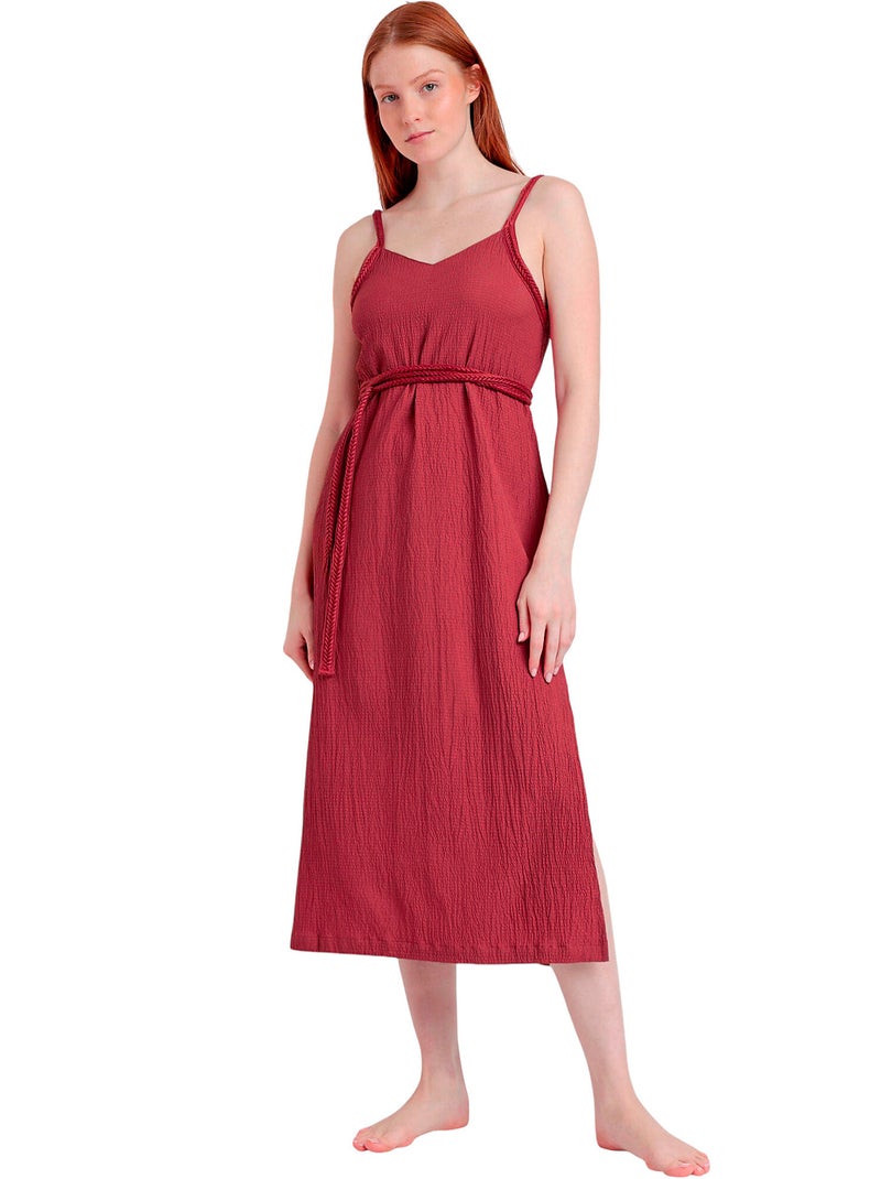 Robe estivale mi-longue fines bretelles Linen Style Rouge - Kiabi