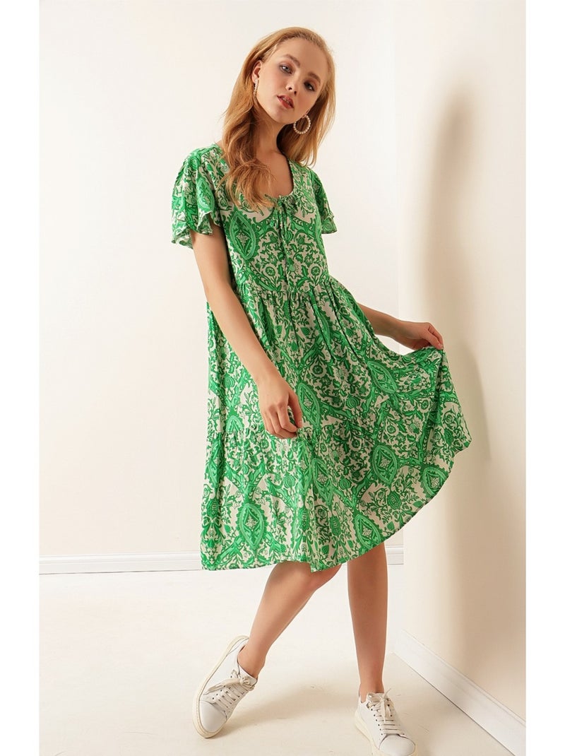 Robe Ethnique Col V Vert - Kiabi