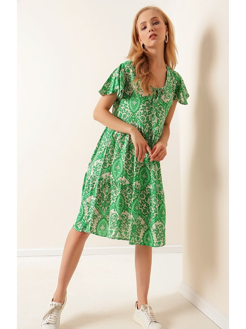 Robe Ethnique Col V Vert - Kiabi