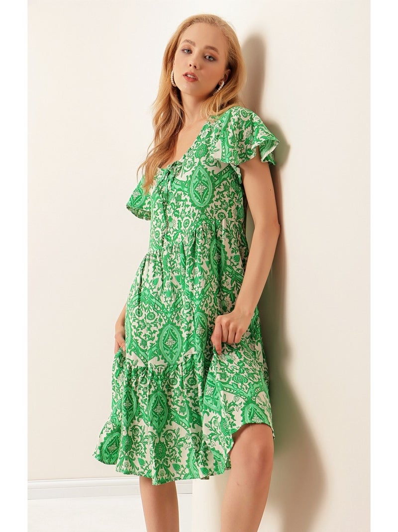 Robe Ethnique Col V Vert - Kiabi
